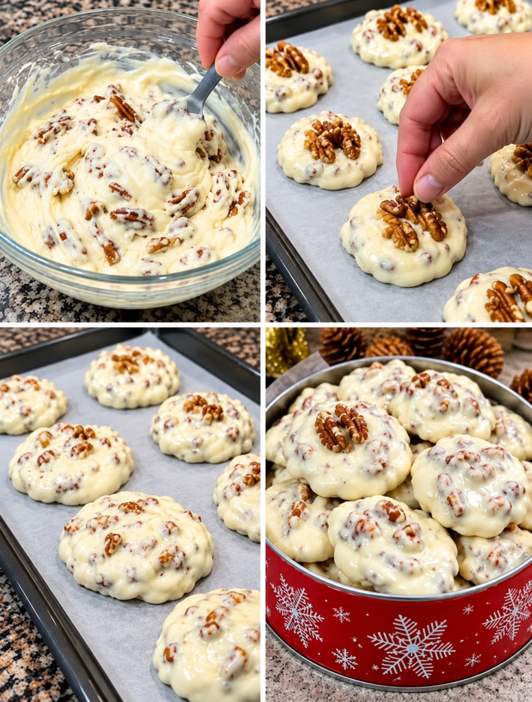 White chocolate pecan cookies with creamy white chocolate and pecan halves