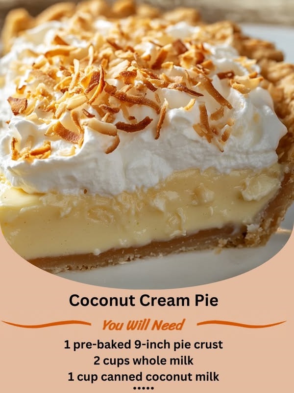 Coconut Cream Pie Recipe with a creamy filling, whipped cream topping, and toasted coconut flakes