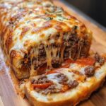 Garbage Bread stuffed with melted cheese, savory meats, and flavorful vegetables, all wrapped in a golden, crispy crust for a delicious, cheesy delight.