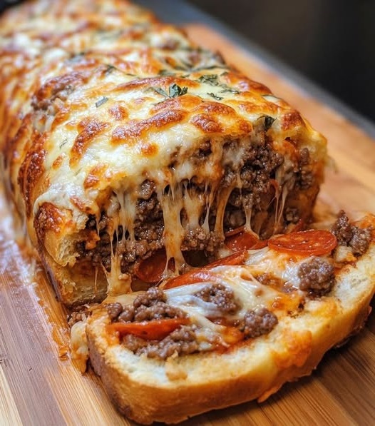 Garbage Bread stuffed with melted cheese, savory meats, and flavorful vegetables, all wrapped in a golden, crispy crust for a delicious, cheesy delight.