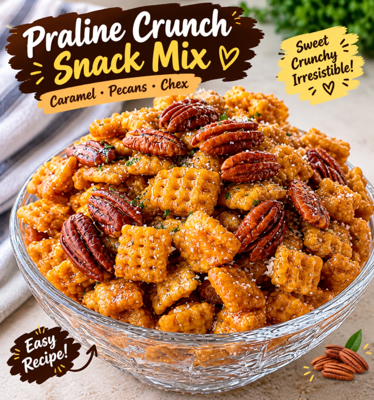 Praline Crunch Snack Mix: Easy Caramel Pecan Chex Mix Recipe 1 caraml