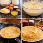 Thin and soft homemade French crêpes stacked on a plate and served with sweet toppings.