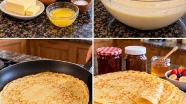 Thin and soft homemade French crêpes stacked on a plate and served with sweet toppings.