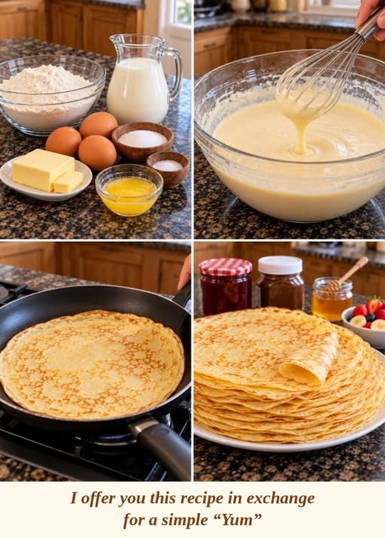 Thin and soft homemade French crêpes stacked on a plate and served with sweet toppings.